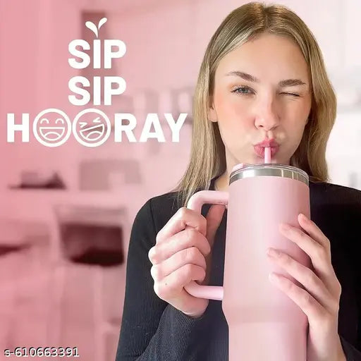 Tumbler Mug with Handle Straw & Lid | Insulated Reusable Stainless Steel Water Bottle | Leak Proof Mug for Office, Gym, Travelling 1200ml (Baby Pink)