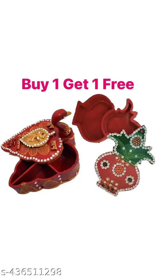 Set of Two Handmade Tika  Chopra kumkum box sindoor dani for mandir pooja. Kalash and Peacock design. Sindhoor Chawal-Akshat-Haldi Wooden Chopda for Gift and Pooja Decorative Purpose Item (Red) pooja samagri