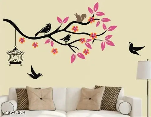 Heaven Decors Birds On Tree Branch With pink Leaves And Birdcage Wall Sticker For Bedroom ( ideal size on wall: 120 cm x 65 cm ),Multicolour