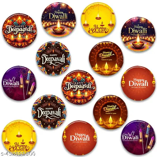 Zyozi® MultiColor Happy Diwali Round pin Badges, Badges For Diwali Celebration - Round Pin Button Badge for Diwali, Shubh Deepavali Decorations Badges, Diwali Badges (Pack Of 14)