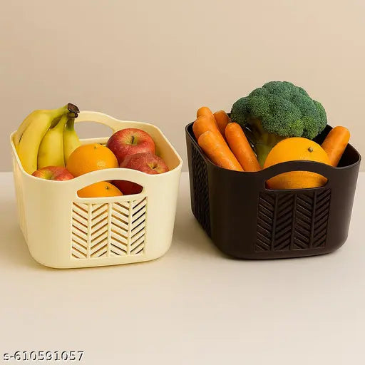 (Pack of 2) Plastic Storage Organizers Without Lid Strong Plastic Material & Side Grip for Home&Office Multipurpose Rectangular Shape Baskets For Fruits, Vegetables,Magazines,Cosmetics,Kitchen Tool (Brown)