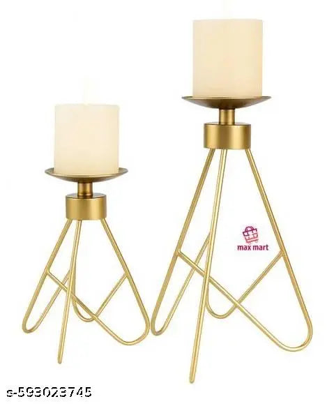 Luxury Gold Metal Candle Holder Set of 2 – Modern Tripod Pillar Candle Stand for Home & Festive Décor