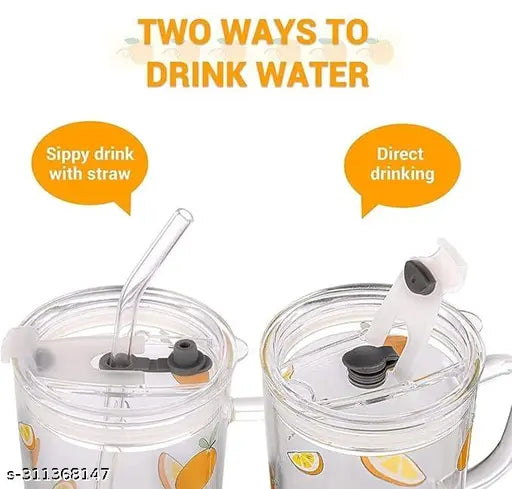 NIYA TRENDZ  Random Design Cartoon Glass Milk Fruit Juice Cup for Kids 400ml and Glass Sipper Tumbler with Lid and Straw 470 ML