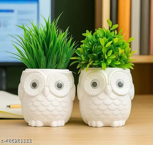 Dodecroo® (Pack Of 2) Fake Plants With Owl Shape Pot For Home Décor Item , Living Room Décor , Balcony Décor , Decorative Plant Pot Cute Owl Planters For Indoor Decoration Room Décor, Faux Plant Pot For Tabletop Plant Décor