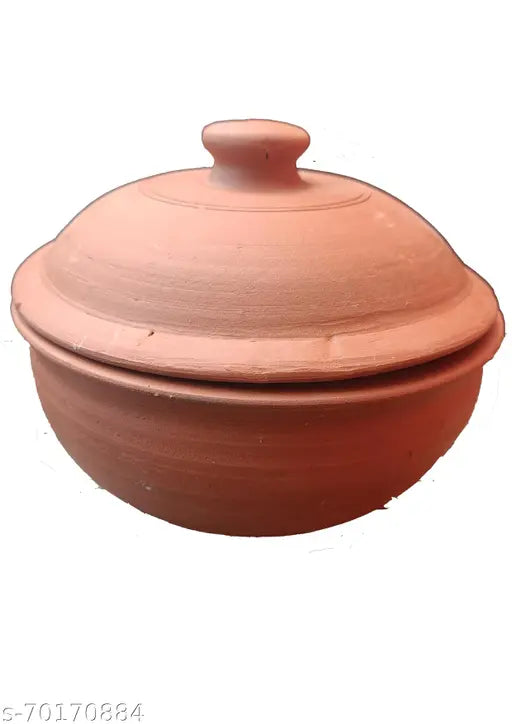 Handcrafted Ornately Designed Earthenware Serving Bowl with Lid ( Brown, 1.20 Litre) | Clay Casserole with Lid | Serving Pot