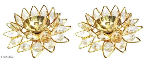 A&S VENTURES Set of 2 Golden Lotus Flower Shape Crystal Brass Diyas For Diwali Pooja - Diwali Diya for Puja - Housewarming | Ganesh Chaturthi | Diwali Gift Items - Diwali Decoration Item For Home Decor