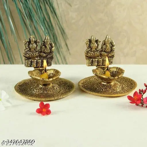 Haridwar Trends Laxmi Ganesh Diya For PoojaTable Set (pack of 2 Height: 3 inch), Laxmi Ganesh Murti, Laxmi Ganesha Idol for Diwali, Lakshmi Ganesh, Metal Laxmi Ganesh Statue, Diwali Special Laxmi & Ganesh Murti Sculpture Statue