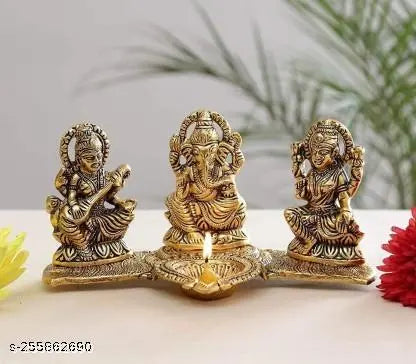Laxmi Ganesh Saraswati kela patta With Diya Idol Set Decorative Showpiece ,Home decoration, Temple decoration,Gift item, Room decoration