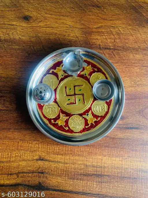 Stainless Steel Pooja Thali Set with Spoon, Diya & Kumkum Holder – Traditional Aarti Plate for Daily Worship & Festivals