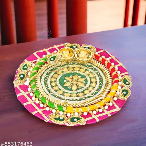 Designer Pooja Thali Set with Kalash, Roli Chawal Holder & Decorative Stick – Traditional Puja Accessory for Festivals & Rituals (MDF)