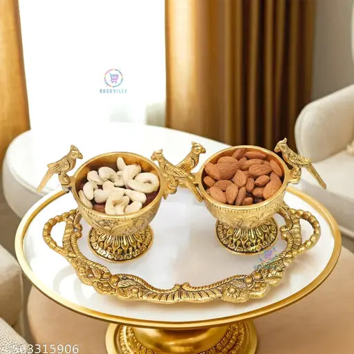 Handcrafted Brass Peacock Bowl & Tray Set | Luxury Dry Fruit Server for Home & Gifting Ideal for Diwali, Weddings & Home Showpiece