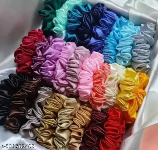(Pack of 12) (Multicolor) Premium Silk Satin Scrunchies (Pack of 12) Rubber Rubber Band (Multicolor) Multicolor color Fabric thalamudi kattu/thalamudi bandham/Jada Bandlu/Muti pattaikal/hair baandukal/Kudalu byandgalu/Hair byandgalu Ideal for Women / Girl