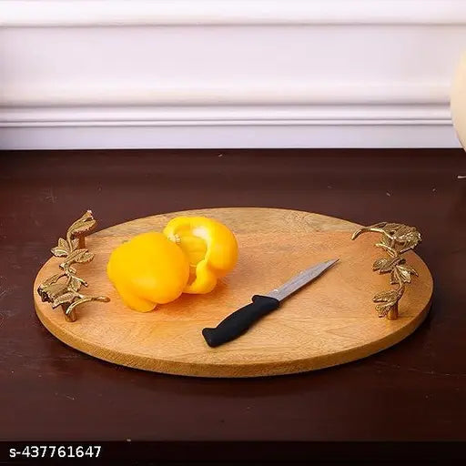 Oval Mango Wooden Gifting Tray Natural Finish with Handcrafted Gold Casting Handles Decorative Platter