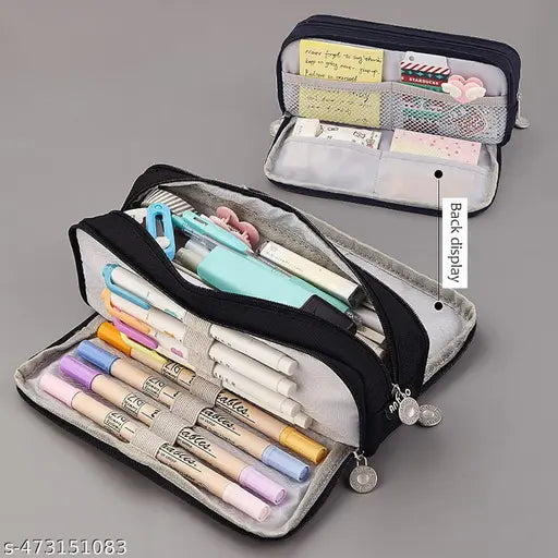 Polyester Large Capacity Pencil Box For Girls & Boys, 3 Compartments Pen & Pencil Pouches, Aesthetic Stationery Pouch For School Kids College Students, Cute Stationary King (1ps/Black)