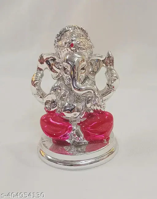 Silver Plated Finish Resin Ganesha with Red Dhoti Ganesh Idol Car Dashboard, Home Decor & Pooja Room - Hindu Ganesha Statue India Ganpati Lord Murti Mandir Diwali Gifts Silver color for house warming ceremony, office, gifts for girlfriend, boyfriend, frie