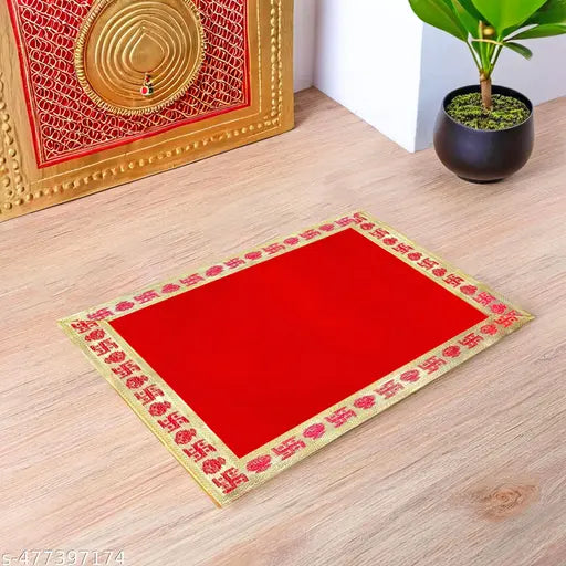 Velvet Aasan Mat | Pooja Aasan Mat | Golden Lace Satya  Prayer Mat | Traditional Chowki Prayer Mat |Size : 13 x 9 Inch| Red