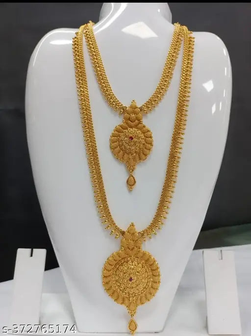Hanaa Gold Covering Micro Plated Combo Necklace Set, Haaram & Necklace Jewellery Chain For Women and Girls