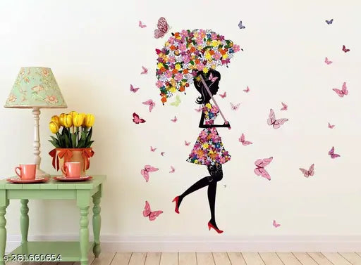 umbrella cute girl flower dress with butterflies Self Adhesive Sticker  (Pack of 1)