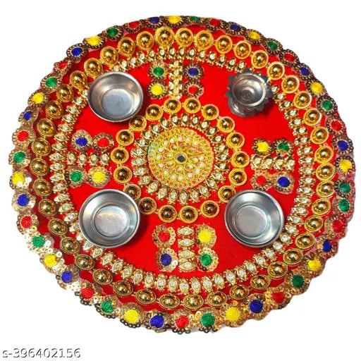 Handmade Decorative Pooja Thali, Puja Plate, Karwachauth Thali Set | Diwali Gift Items | Decorative Items for Pooja | Aarti Thali Decorative