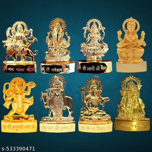 SANSKAARI Combo Set of 8 Beautiful God Idol (Durga ma , Ganesha ji , Lakshmi ma , Saraswati ma , Hanuman ji , Shiv ji , radha krishan ji , kali ma ) metal idol 11cm (gold )