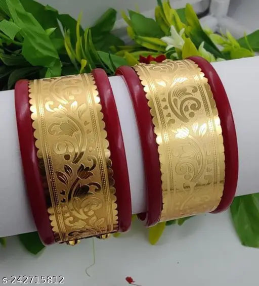 Gold Plated Maroon Stone Chuda Chura Bangle Set Indian Traditional Bridal Jewellery for Women Girls