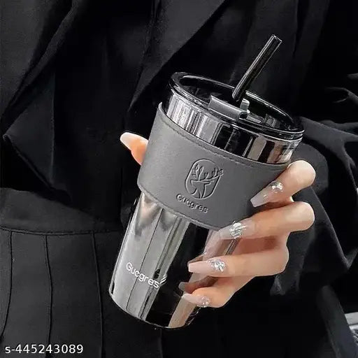 450ML Coffee Drinking Glasses with Lids and Glass Straw With Leather Cover Glass Tumbler Mug for Cold & Hot Drinks, Tea, Coffee, Water, Soda, Cocktail Gift_(PACK OF 1)_Multicolor