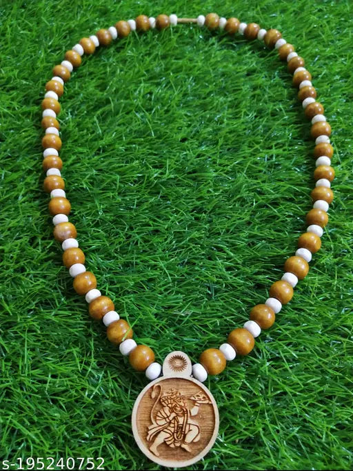 Sandalwood 10mm White Bead Necklace Flying Hanuman Ji Kanthi Mala Locket Chain Wooden Necklace