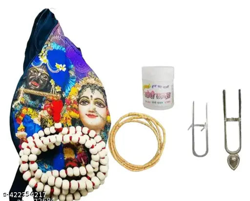 Tulsi mala 2 round + 2 tilak stamp +1 chandan Box +Krishna Face Jaap Mala + Tulsi Mala  Wooden Tulsi Mala For Jaap / Bag for Men & Women | Gomukhi Japa Mala Bag | Chanting Bead Bag/ Jaap Bag