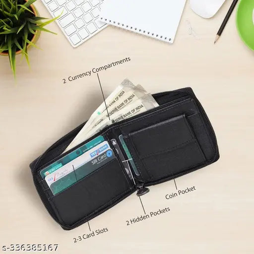 Fashion Link Zipper Leather Wallet Money Clipper Card Holder for Men's with Box (Black) Color