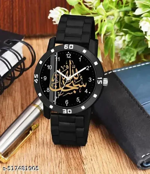 ISLAMIC Design Round Black Dial Latest Fashion Black  Strap Stylish Wrist Watch for Men and Boys, Pack of