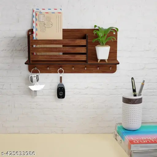 Shopimart Wooden Key Stand for Wall | Key Holder for Home | Office | Key Hanger (7 Hooks, Brown)