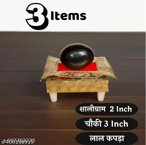 Black Shaligram Stone with Red Cloth and Pooja Chowki | Shaligram Stand