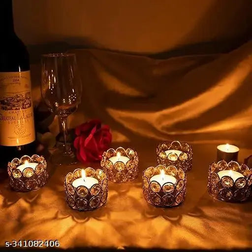 Universal Creation Metal Crystal Candle Holder For Home and festive Decoration | Small Tealight Candle Holder For Table top Decoration for Indoor & outdoor Set of 2