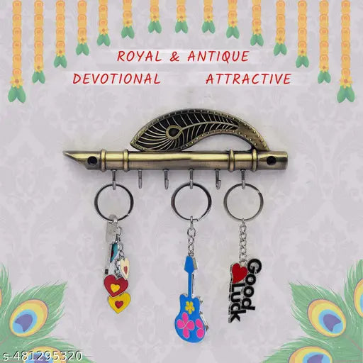 Key Stand Key Holder Lord Krishna's Flute & Peacock Quills Key Stand Key Holder for Home & Office Antique Brass