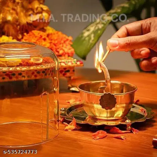 M.A COLLECTION - 100% Pure Brass Akhand Jyot Diya with Adjustable Bati Knob, Wick Lifting Screw Lever & Borosilicate Glass Cover (5.5inch, 150-200 ml Oil Capacity, Stay Lit for 24 Hours, Wick Included)