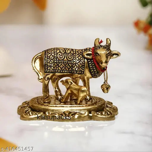 Beautiful Metal Kamdhenu Cow Murti And Calf Idol With Golden Polish Kamdhenu Gay murti And Attractive Cow Statue For Home Decor Showpiece 5.5 Cm