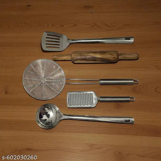 Stainless Steel Kitchen Tool Set with Rolling Pin – 5 Piece Cooking Utensils for Home