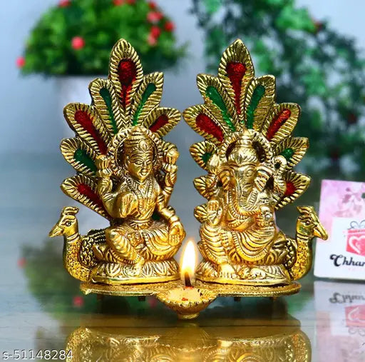 A&S VENTURES Laxmi Ganesh Idol Statue with Diya Peacock Design Decorative Showpiece for Diwali pooja , Temple , Gifting - 14 cm (Metal, Gold) (Laxmi Ganesh Gold)