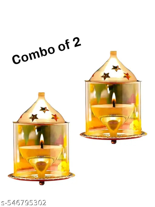 SriMaa Ventures Brass Lantern Diya Set with Glass Covers || Borosilicate Glass Cover-Diya for Diwali, Aarti, Mandir Blessings, Festive Worship (Set of 2 Piece)