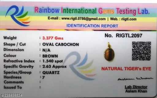 Lab Certified Natural Tiger's Eye Pendant Locket 8.25 Ratti  Tiger Pendant  Chiti  Pendant Origional Chiti Precious Gemstone for  Men and Women