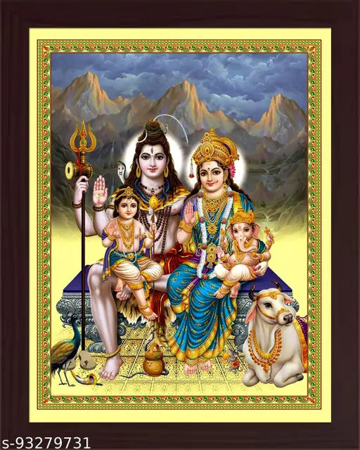 Shiva Parvati with Ganesh and kartikeya ji/Shiv parivar Photo Frame with Laminated Poster for puja Room Temple Worship/Wall Hanging/Gift/Home Décor ( 6inchesx8Inches) Religious Frame with Laminated