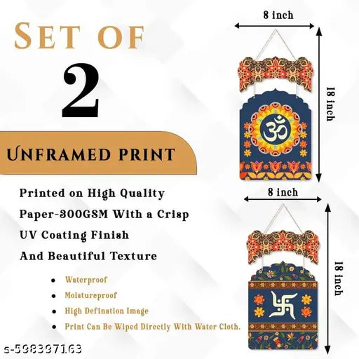 GRAH ROOPAM  Set of 2 handcrafted wooden Banderwal (torans) featuring traditional Indian motifs like Om, Swastika, Lord Shiva, and Lord Hanuman, perfect for festive door decoration.