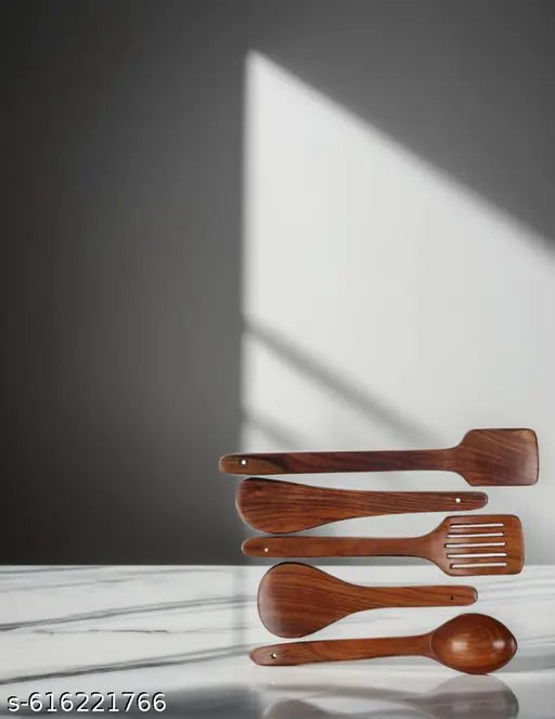 AS ENTERPRISES Classic 5 Pcs Wooden Utensil Set | Non-Stick Cookware Safe | Lightweight, Durable & Handcrafted Kitchen Tools