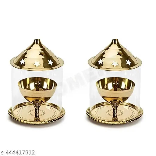 Hoomert Brass Akhand Diya Oil Lamp With Glass Cover ( Pack Of 2 )