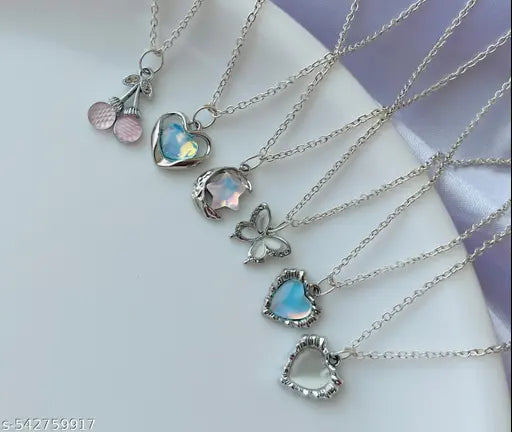 Pack Of 6 Classy Aesthetic Silver AD Charm Pendant Necklace Set For Women And Girls . | Accessories | Gift | Korean | Minimal | Neckpiece | Aesthetic Jewellery | Trendy Pinteresty Necklaces | Necklace Combo