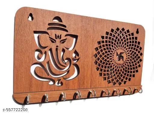 KashishCraft MDF Wooden Ganesha Key Holder for Wall | Swastik Mandala Design | 9 Hooks Key Stand | 24x14 cm | Brown Finish | Pack of 1