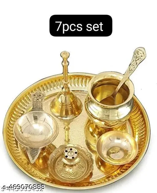 HARIDWAR TRENDS Pure Brass Pooja Thali Set 7 Pieces with Pital Puja Plate Kalash Bowl, Spoon ,Ghanti, Diya, Chandan Wati Dhup Dan Arti Thali for Diwali Home Office Mandir Wedding Return Gift Items