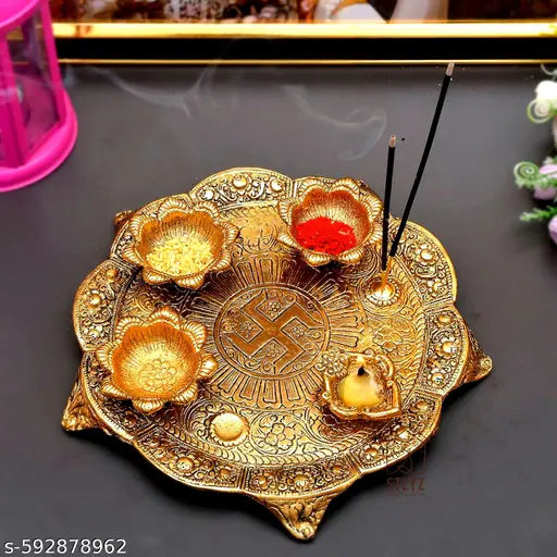 "Premium Golden Pooja Thali Set with 4 Diyas | Aluminium Shiny Finish Decorative Aarti Plate for Festival & Temple Use"