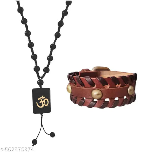 M Men Style  Religious Lord Shiv Om Pendant Mala With Men's Biker Leather Bracelet - Handcrafted Vintage Black Braided Cuff with Metal Studs | Punk Rock Wristband for Men SCom202529