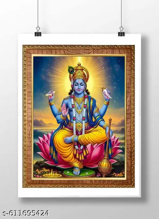 Lord Vishnu Sitting on Lotus  Wall Hanging | Vishnu Ji Lotus  photo Framed Painting | Wooden Home Decor  Frame (Gold, 10 x 14 Inch, Small Size)